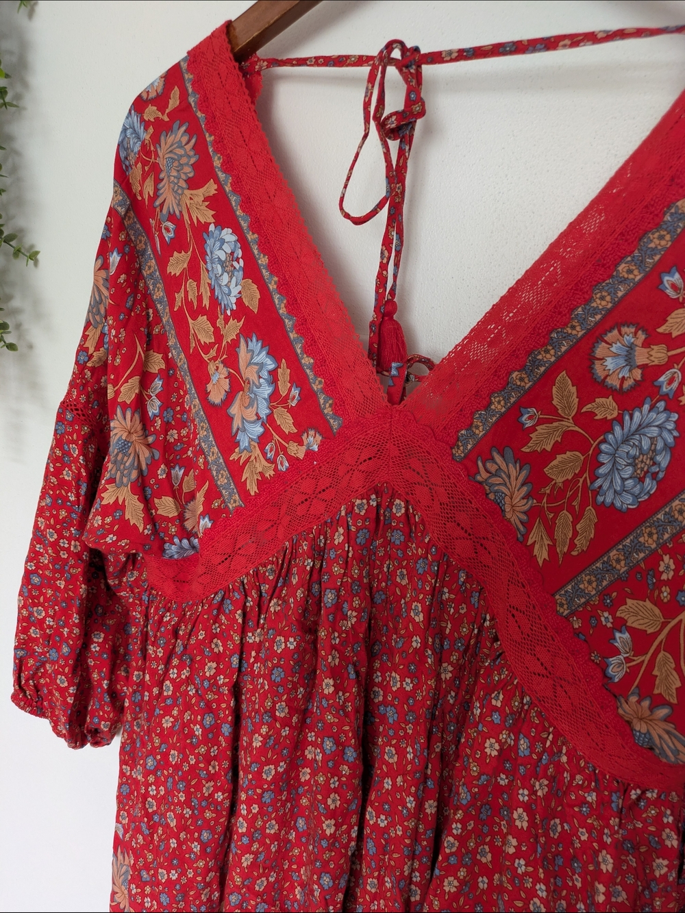 In Loom Red Floral V-Neck Boho Tunic with Blue Accents - Picture 2 of 4